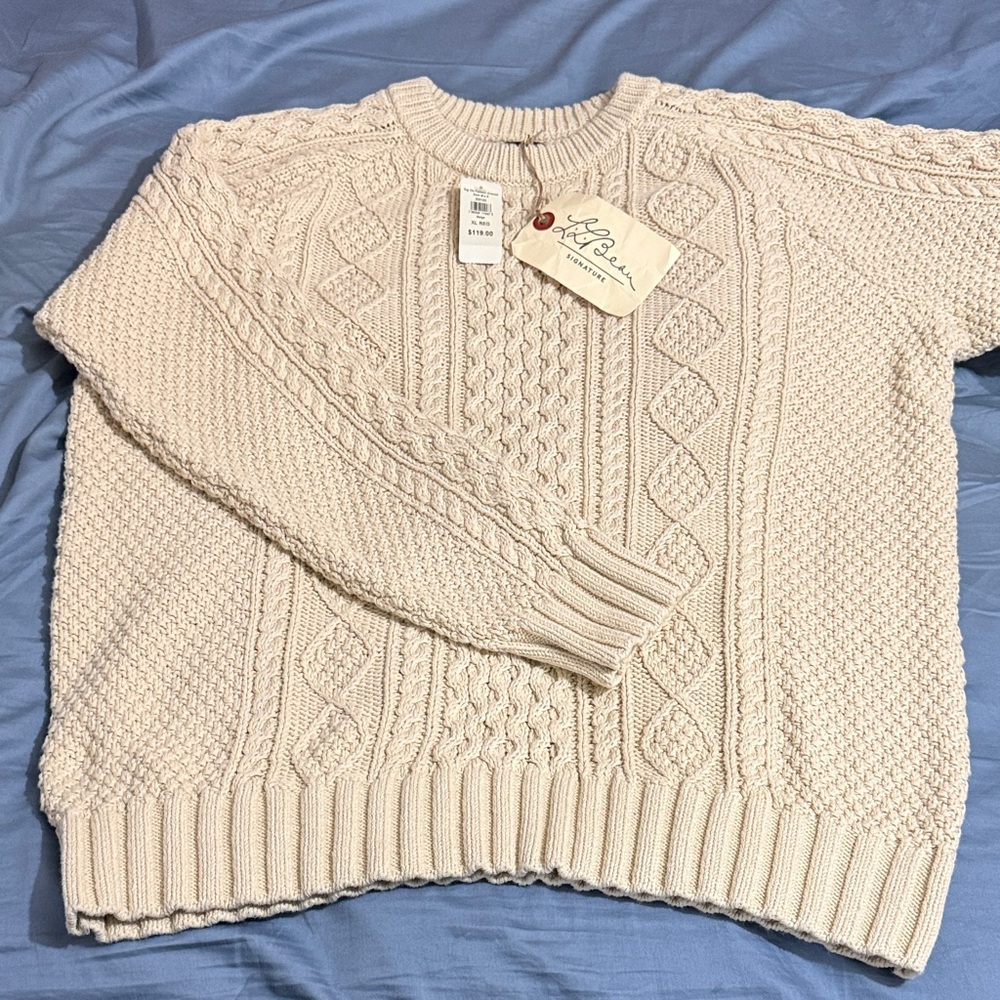 L.L. Bean Cream Cable Knit Crewneck Sweater - Picture 4 of 6